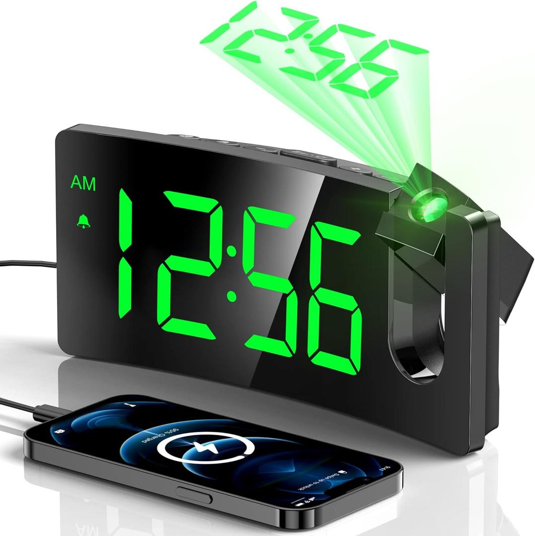 Projection Alarm Clock, Digital Clock with 180 Rotatable Projector, 3-Level Brightness Dimmer, Clear LED Display, USB Charger, Progressive Volume, 9mins Snooze,12/24H, Digital Alarm Clock for Bedroom (X-green Digit+green Projection)