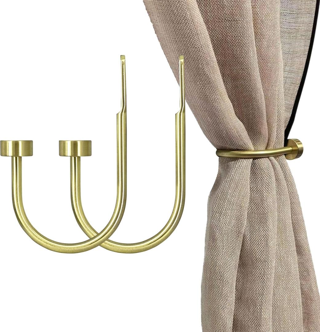 Quality Curtain Holdbacks, Solid Steel Curtain Holdback with Disk Finial,Electroplate Finishes, Set of 2 Window Curtain Tieback Hooks,Brass Brushed