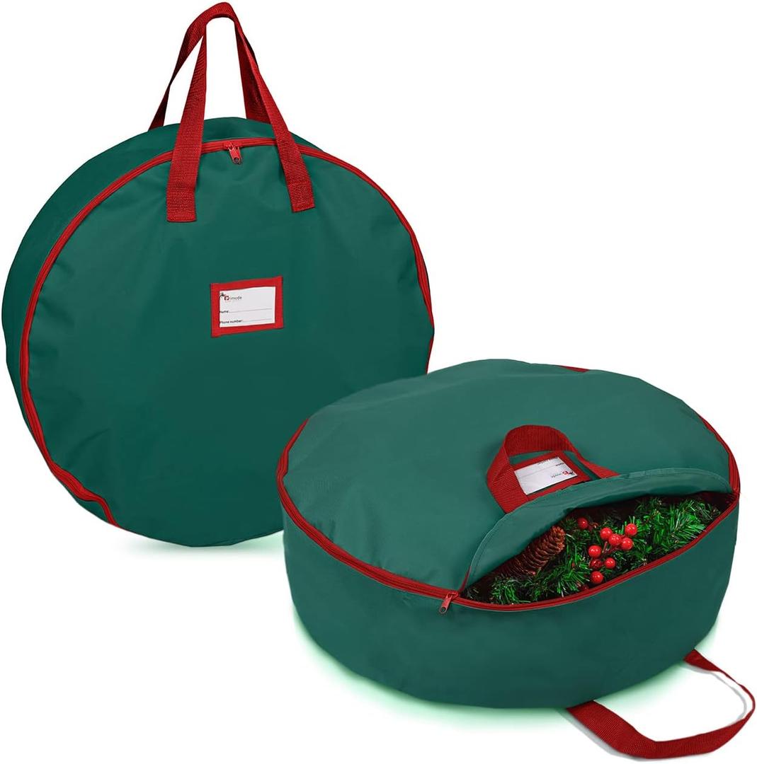 Primode Christmas Wreath Storage Bag 36" - 2 Pack Artificial Wreath Container - Garland Holiday Xmas Wreaths Holder - Sturdy Handles - Inner Straps - Card Slot Zipper Strong Oxford (36 Inch, Green)