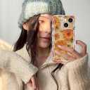 Jusy Compatible with iPhone 14, Colorful Retro Oil Painting Printed Flower Laser Glossy Pattern Cute Curly Wave Phone Case Soft TPU Cover for Girly Women - Sunflower