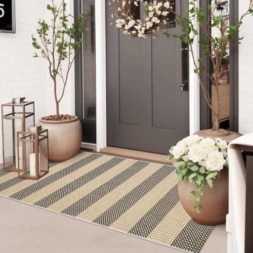 Sungea Striped Outdoor Front Door Mat 24"x51", Cotton Hand Woven Rug Indoor Doormat Washable Black and Tan Rug Runner, Foldable Front Door Rugs for Entryway/Farmhouse/Home Entrance