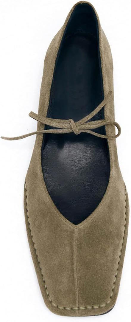 Lace Up Ballet Flats for Women Bow Square Toe Mary Jane Flats Slip On Leather Ballerina Shoes, Size 8.5
