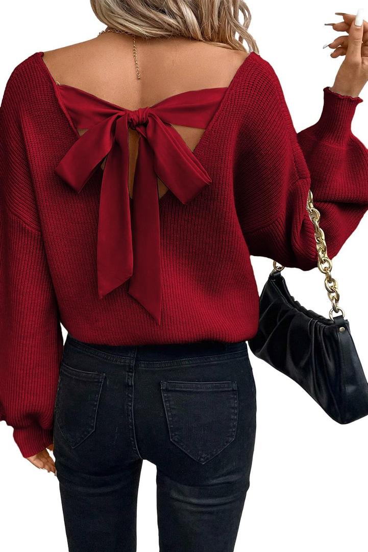 Womens Bow Back Sweater Sexy Off The Shoulder Pullover Sweaters Oversized Long Sleeve V Neck Knit Tops (Large, Burgundy)