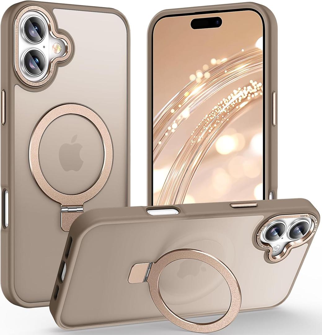 Magnetic for iPhone 16 Case with Ring Stand, Slim Translucent Matte Back Shockproof Phone Case for iPhone 16 6.1'', Bronze