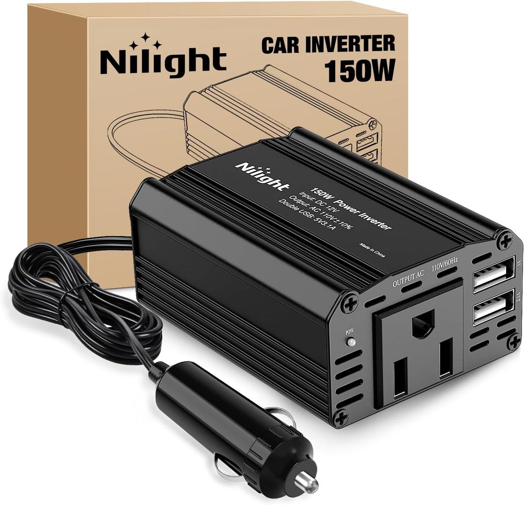 Nilight 150W Power Inverter 12V DC to 110V AC Car Charger Converter with 3.1A Dual USB Ports and 1 AC Outlets for Phones Tablets Laptop Computer Game Console Kindle iPad DVD Players Black