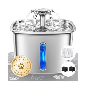 Veken Innovation Award Winner Stainless Steel Cat Water Fountain, 95oz/2.8L Automatic Pet Fountain with 6 Replacement Filters & 6 Pre-Filter Sponges & Silicone Mat for Cats, Dogs (Silver)