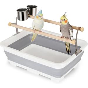 Bird Desktop Shower Perch with Bucket, Training Stand with Collapsible Plastic Tray Two Perches Double Feeder Cups, Table Bath Perches for Small to Medium Sized Parakeet Cockatiel Conure Budgies (Large, Grey)
