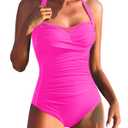 Aqua Eve One Piece Bathing Suit for Women Tummy Control Swimsuit Slimming Vintage Swimwear Halter Hot Pink M