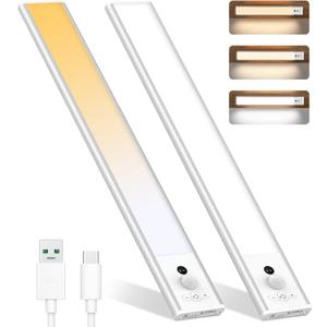 2Pcs Under Cabinet Lights, Motion Sensor Lights Indoor, Rechargeable Sensor Light, Indoor Wireless Magnetic Closet Lights, 3 Color Temperatures for Kitchen/Wardrobe/Closets/Cupboard (White)