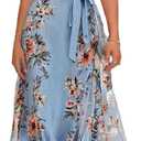LOZ Womens Summer Dresses 2025 Blue Floral Puff Short Sleeve V-Neck Belt Midi Dress Fashion A-Line Wedding Guest Dresses (Blue, M)