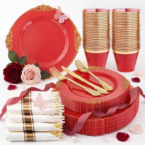 Nervure 175PCS Red Plastic Plates - Disposable Red Gold Party Plates & Pre Rolled Napkins with Cutlery for 25 Guests, 50Plates, 75Silverware, 25Cups, 25Napkin for Wedding & Party & Mothers Day