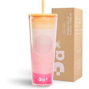 DA 24oz Plastic Tumbler With Lid And Straw, Double Wall Design, Leak Resistant Reusable Travel Cup For Iced Coffee And Smoothies (Layered Pink)
