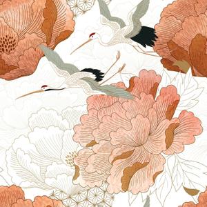 VEELIKE Oriental Japanese Crane Peel and Stick Wallpaper Vintage Floral Wallpaper for Bedroom Living Room Bathroom 17.7''x118'' Removable Crane Birds Wall Mural Self Adhesive Contact Paper for Walls (17.7" x 118")