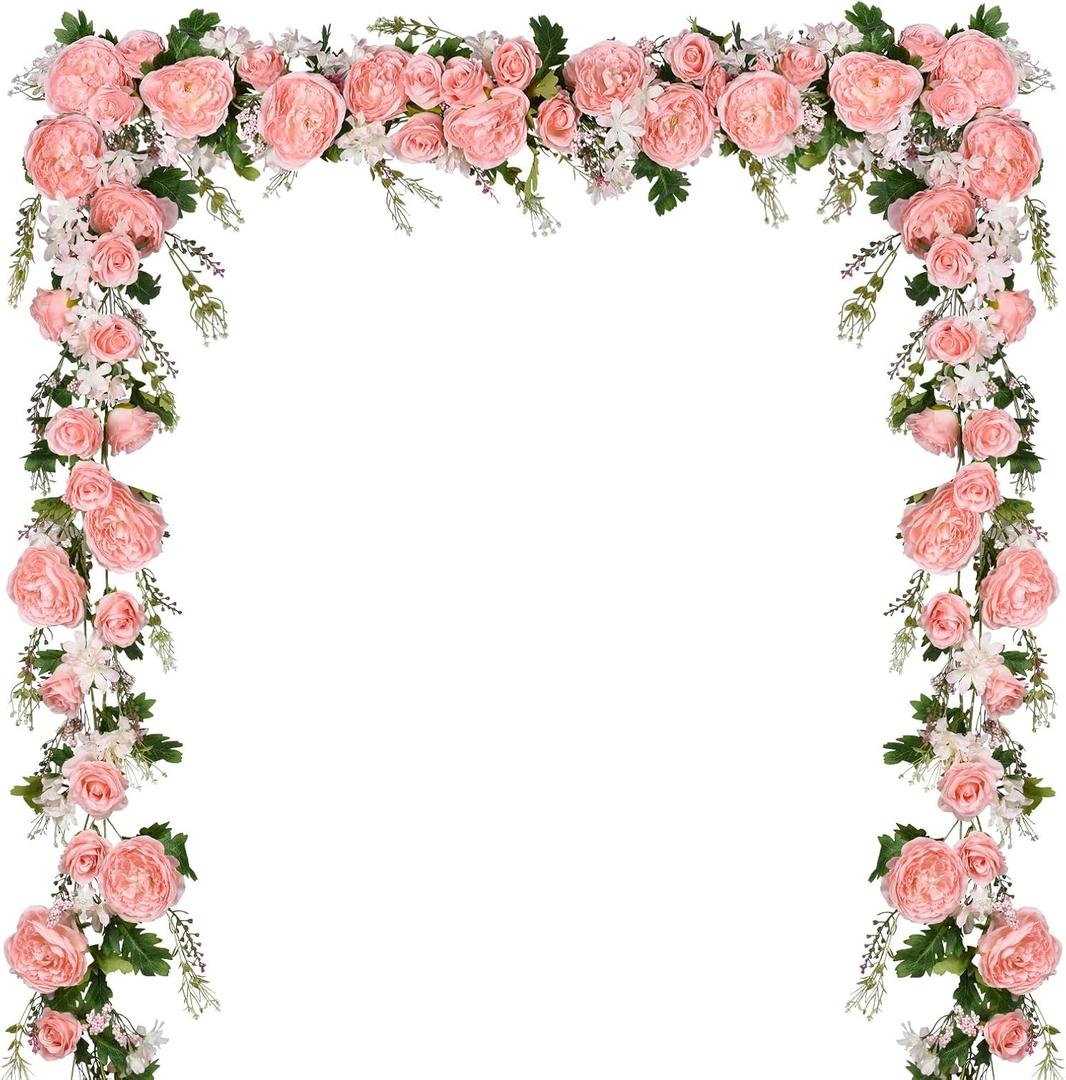 2 Pack Artificial Peony Garland Flowers, 12ft Floral Greenery Garland Rose Flower Vine with Pink Peony and Green Leaves for Wedding Dining Table Home Party Decor (2, Pink)