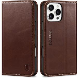 SHIELDON Case for iPhone 16 Pro Max 5G 2024, Genuine Leather Wallet Book Magnetic RFID Blocking Credit Card Holder Kickstand Shock Absorbing Case Compatible with iPhone 16 Pro Max 6.9" - Retro Coffee