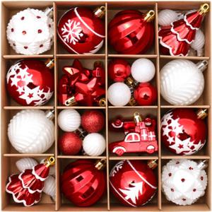 42pcs Christmas Tree Decorations Ornament Set, Colorful Shatterproof Plastic Baubles Hanging Ornaments Xmas Tree Ball for Christmas Holiday Party Home Decoration, Red White
