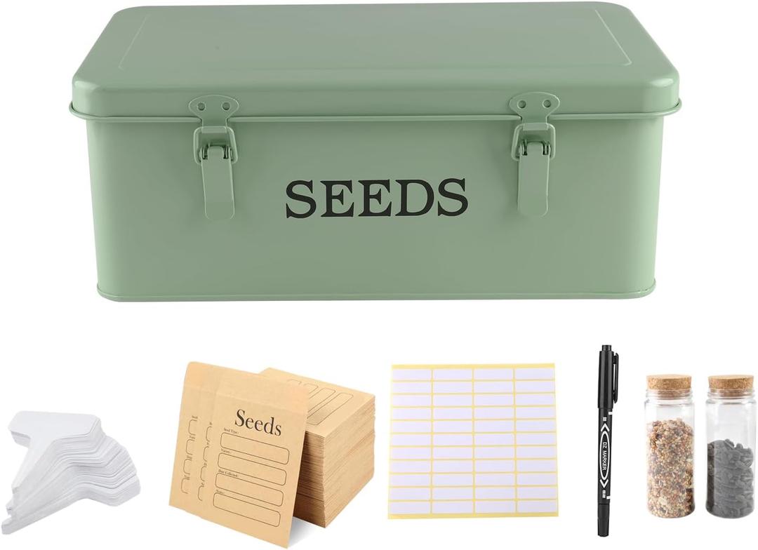 Seed Storage Box, Metal Seed Bin Seed Storage Organizer, 4 Dividers Seed Container with Safety Lock, Seed Box with Professional All-in-one Kit, Green (White with slots)