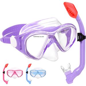 Kids Snorkel Set Dry Top Snorkeling Gear for Kids Youth Boys Girls Junior Age 5-15,Tempered Glass Swimming Diving Mask and Snorkel Set 180 Degree Panoramic View, Light Purple 