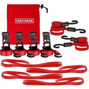 CRAFTSMAN CMXAZBS777 Black/Red 10-Piece Tie-Down Kit with Ratchet Straps, Bungees, Soft Loops and Storage Bag (1,500 lb Break Strength) - Cargo Management and Hauling CRAFTSMAN CMXAZBS777 Black/Red 10-Piece Tie-Down Kit with Ratchet Straps, Bungees, Soft Loops and Storage Bag (1,500 lb Break Strength) - Cargo Management and Hauling