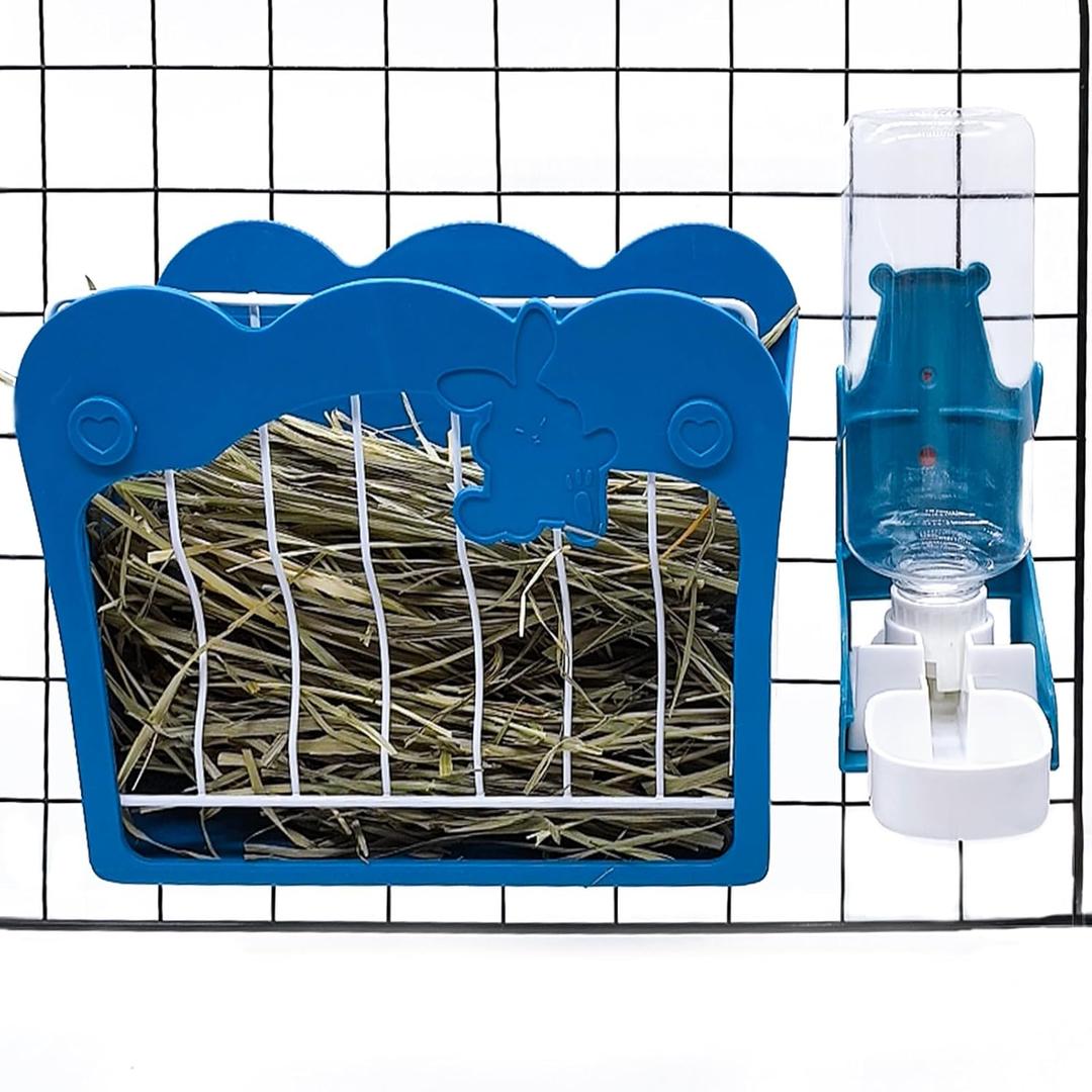 Hamiledyi Rabbit Hay Feeder 500ml Hanging Gravity Water Dispenser Guinea Pig Grass Rack Water Bottle Set for Bunny Ferret Chinchilla(Blue)