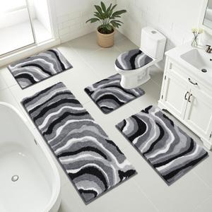 Bathroom Rug Set 5 Piece, Non Slip Microfiber Bath Mat, Black, 18"x26"+20"x32"+20"x48"+U20"x24"+Cover19"x21"