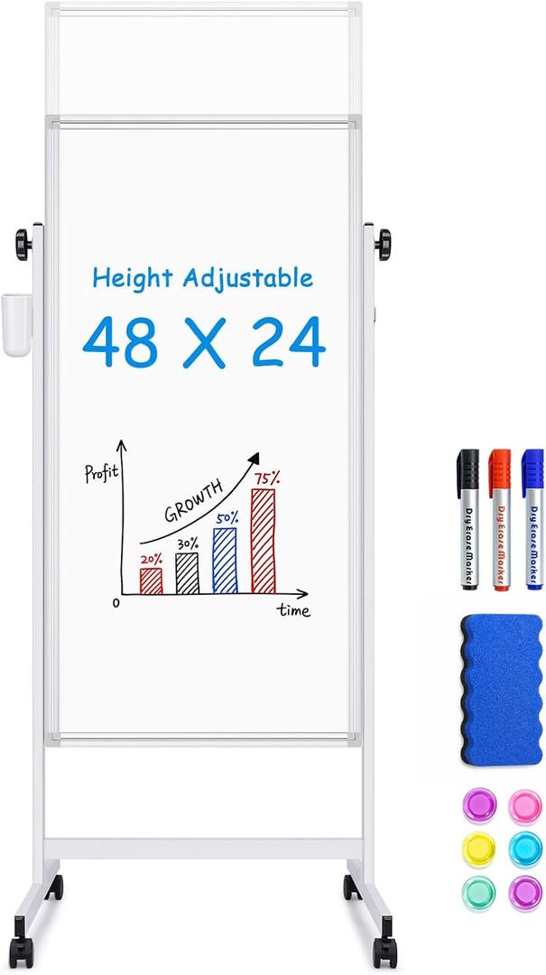 maxtek 48 x 24 Rolling Whiteboard Height Adjustable with Side Marker Holder