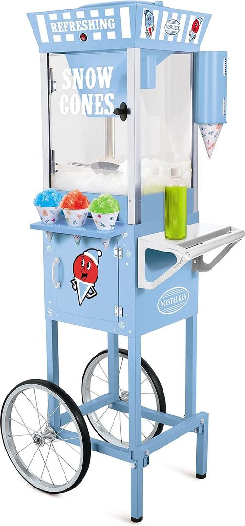 Nostalgia Snow Cone Shaved Ice Machine - Retro Cart Slushie Machine Makes 72 Icy Treats - Includes Metal Scoop, 2 Syrup Bottles, 100 Paper Cups/Spoons, Storage Compartment, Wheels - Blue, 54" Tall