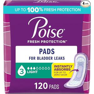 Poise Incontinence Pads & Postpartum Incontinence Pads, 3 Drop Light Absorbency, Regular Length, 120 Count (4 Packs of 30)