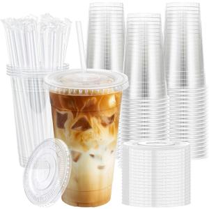 100 Pack 20 oz Plastic Cups with Lids and Straws, Disposable To Go Coffee Cups for Iced Coffee, Cold Drinks, Smoothie and Milkshake