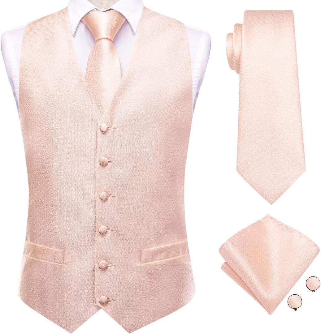 Hi-Tie Mens Peach Pink Silk Suit Vest Tie Set Paisley Formal Waistcoat Necktie Handkerchief Cufflinks for Business Wedding Tuxedo (White, M)