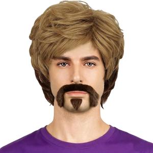 Men's 70s Brown Omber Cosplay Halloween Costume Shaggy Male Wig and Fake Mustache