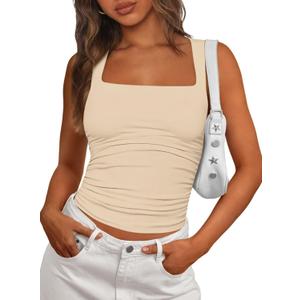 PRETTYGARDEN Tank Tops for Women 2026 Summer Sleeveless Square Neck Double Lined Tops Spring Ruched Going Out Y2K Clothes (Beige, L)