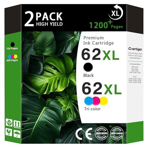 62XL High Yield Ink Cartridges Combo Pack (1 Black/ 1 Tri-Color 2-Pack) Compatible for HP 62XL 62 Replacement for HP Envy 5540 5640 5660 7644 OfficeJet 5740 5741 8040 200 250 Series Printers