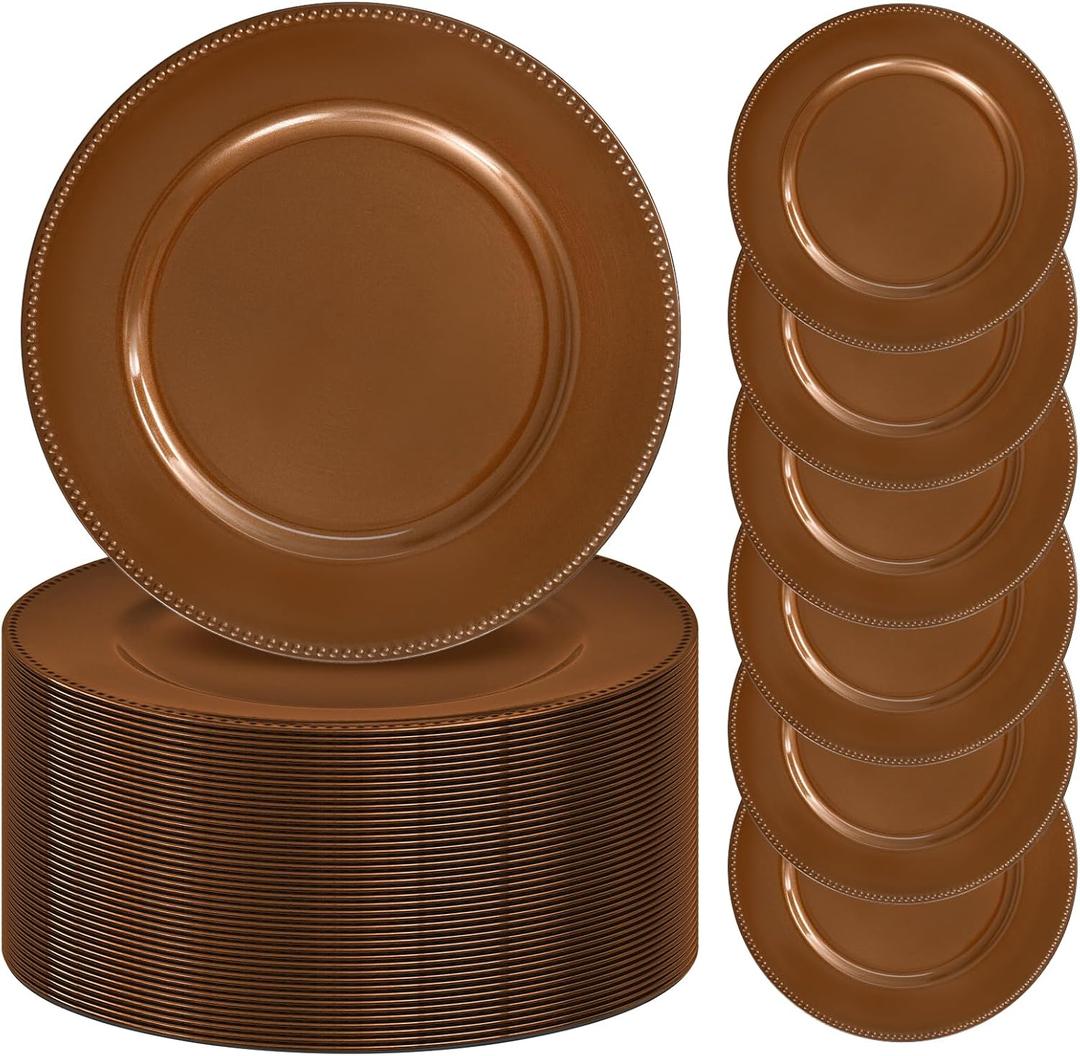 50 Pack Charger Plates 13" Plastic Round Charger Plates Dinner Plate With Beaded for Wedding Table Dinner Kitchen Catering Event Party Decoration (Brown)