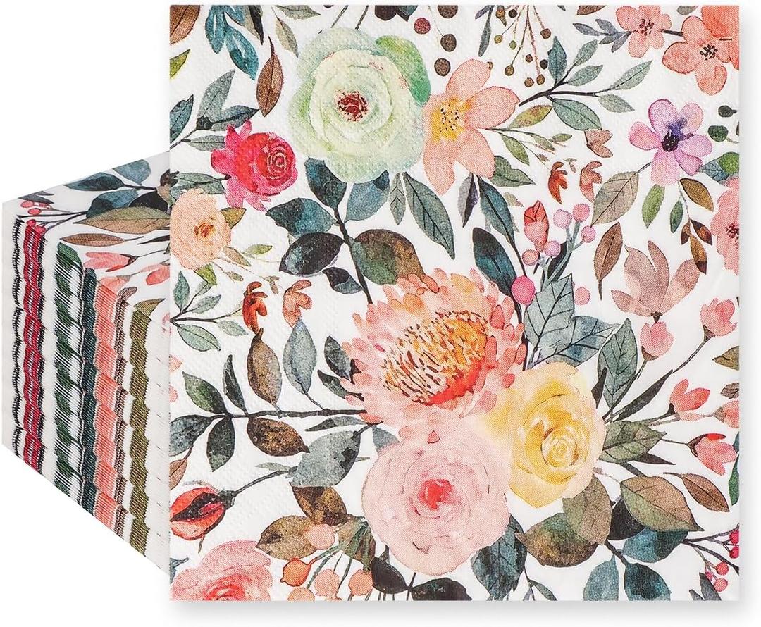 200Pcs Floral Paper Napkin Disposable Watercolor Rose Flower Paper Napkin Decorative Dessert Dinner Hand Towels for Bathroom Wedding Baby Shower Birthday Party(6.5 * 6.5 inch)