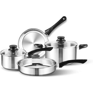6-Piece Stainless Steel Cookware Set with Glass Lids, Stay-Cool Handles | Fry Pan, Saucepan, Sauce Pots | Compatible with Induction, Electric, Gas Stovetops | PFOA-Free, Dishwasher Safe