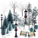 Zonon 55 Pcs Christmas Village Sets Mini Artificial Christmas Tree Sets Snowy Pine Trees Figurine Bare Branch Trees First Frost Trees Xmas Street Lamp Post Miniature Park Bench Seat for Holiday Decor
