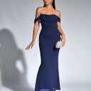 KUTUMAI Off The Shoulder Maxi Long Dress Corset Ruched Bodycon Cocktail Formal Wedding Guest Dresses for Women (Blue, M)