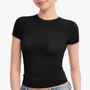 PUMIEY Women's Crew Neck Short Sleeve Tops Double Lined Slim Fit T Shirts Basic Tee Smoke. Size XL