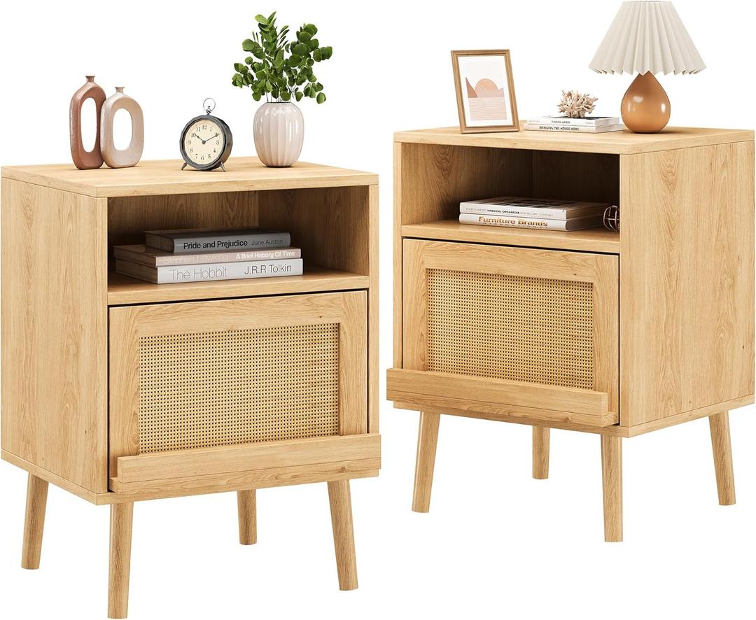 Rattan Nightstand, Boho Bedside Tables with Drawer Open Shelf, End Table with Solid Wood Legs for Living Room, Bedrooms - Caramel, 2 Pieces