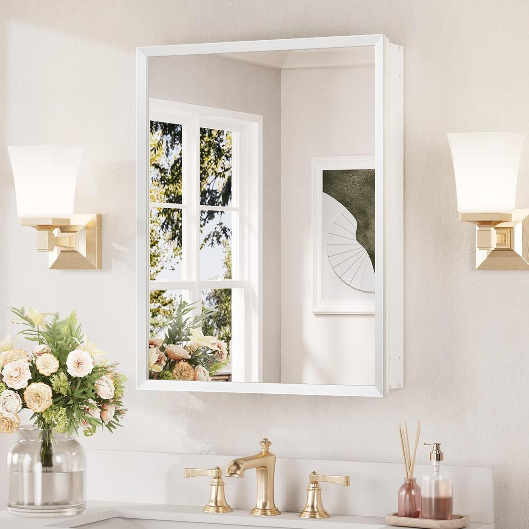 Keonjinn White Medicine Cabinet Mirror 20" x 26", Assembly Needed, Bathroom Medicine Cabinet with Mirror, Beveled Framed, Surface Wall-Mounted or Recessed, Shelves Adjustable