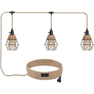 3 Light Hemp Rope Plug in Pendant Light Rattan Hanging Lights with Plug in Cord with Woven Lamp Shade, Hanging Lights with Plug in Cord Hemp Rope Hanging Lamp (1 PACK)