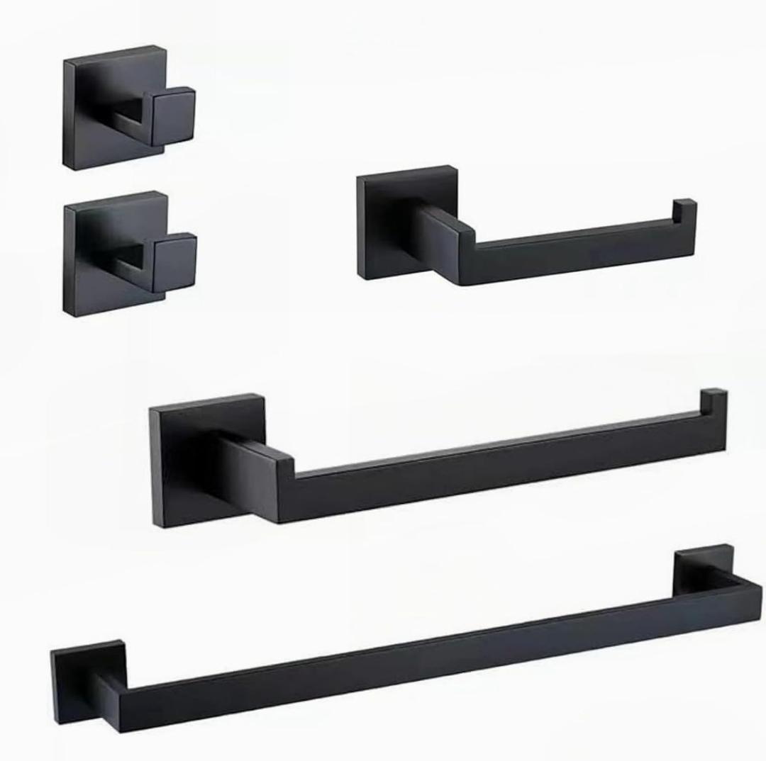 5-Pieces Matte Black Bathroom Hardware Accessories Set,LSWYYP Premium Stainless Steel Square Wall Mounted-Includes 23.6 Inch Towel Bar, Toilet Paper HolderTowel Holder, 2 Robe Towel Hooks