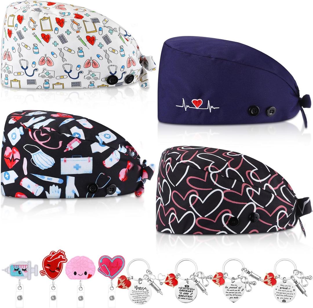 Chicingyou 4 Pcs Nurse Scrub Caps for Women Nursing Working Caps with Button and Sweatband Adjustable Elastic Scrub Hats