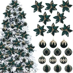 Soulchen 20 Pcs Christmas Velvet Poinsettia Flower Balls Ornaments Set Glitter Artificial Poinsettia Decoration Christmas Tree Ornaments Wreath Garland Decoration (Green)