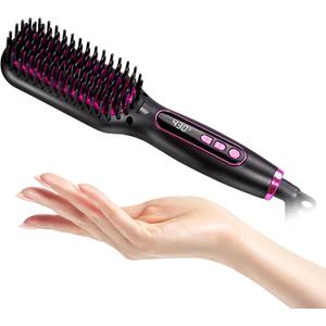 Mini Hair Straightener Brush Travel Size for Women,Dual Voltage Straightening Brush with Ceramic Heated Bristles,Adjustable Temperature&LED Display
