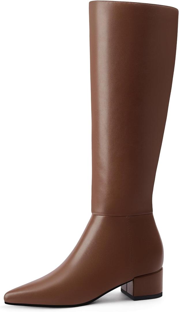 Adrizzlein Knee High Boots for Women Chunky Heel Fall Boots Pointed Toe Booties Side Zipper Tall Boots Slip On Dress Boots for Wedding (6, Brown)