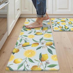 SHACOS Anti Fatigue Lemon Kitchen Rugs Mats Set of 2 Pieces Non Slip Soft Cushioned Standing Mat and Runner Wipeable Waterproof Floor Mat, 17"x27.5"+17"x47", Light Blue