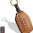 Leather Key Fob Cover, Compatible with Toyota Tundra Corolla Cross Venza Sequoia Highlander Avalon Corolla RAV4 Camry C-HR Prius, No Screw Design Key Holder Protector(4 Button, Brown)