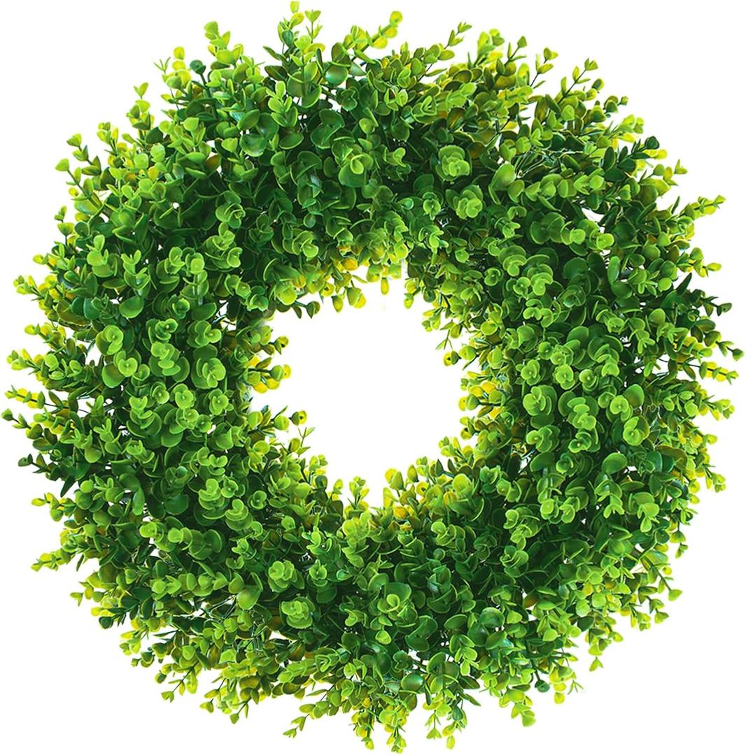 Boxwood Wreath 24 inch Artificial Spring Boxwood Wreaths for Front Door Spring Outdoor Ornaments for Window Porch Farmhouse Decor (Green)
